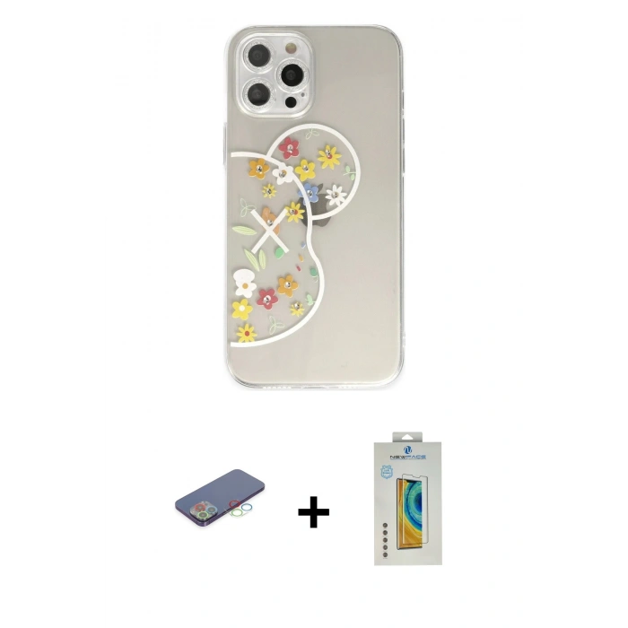 MARSİLYAN™- iPhone 12 Pro Max Kılıf Eksen Asil Prime - Siyah Polymer Nano Ekran Koruyucu + Renkli Kamera Lens Koruma Cam - MI