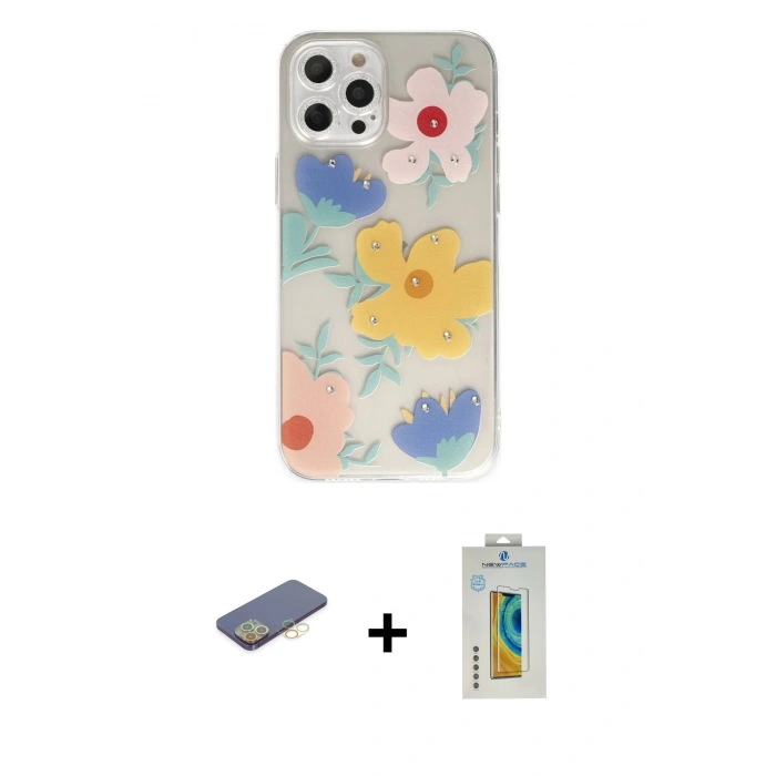 MARSİLYAN™- iPhone 12 Pro Max Kılıf Eksen Asil Prime - Siyah Polymer Nano Ekran Koruyucu + Renkli Kamera Lens Koruma Cam - SI