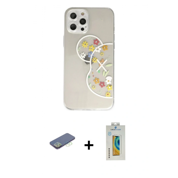 MARSİLYAN™- iPhone 12 Pro Max Kılıf Eksen Asil Prime - Siyah Polymer Nano Ekran Koruyucu + Renkli Kamera Lens Koruma Cam - YL