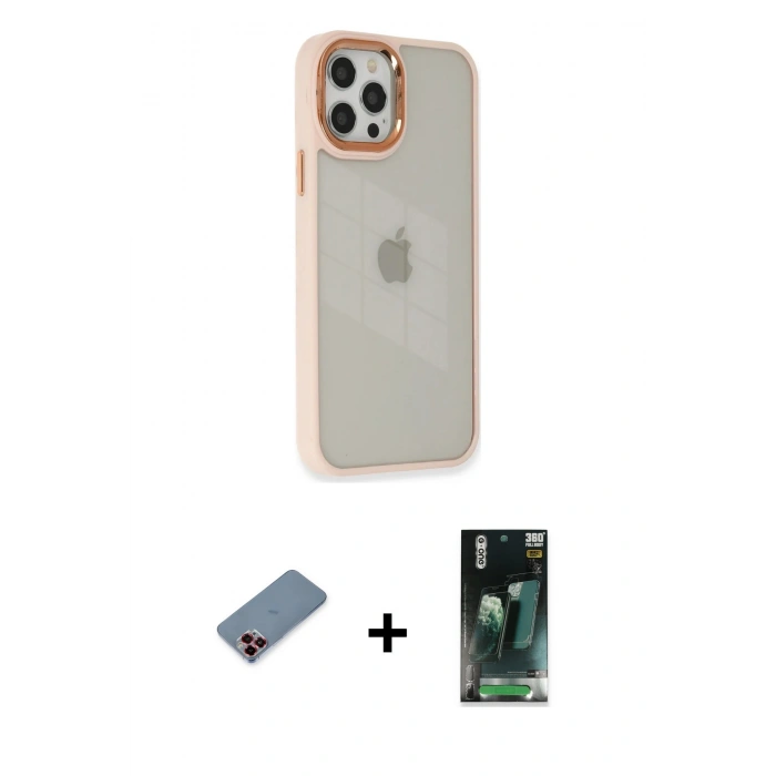 MARSİLYAN™- iPhone 12 Pro Max Kılıf Eksen Doku Prime - Şeffaf 360 Full Body Arka Koruyucu + Metal Kamera Lens Koruma Cam - KI