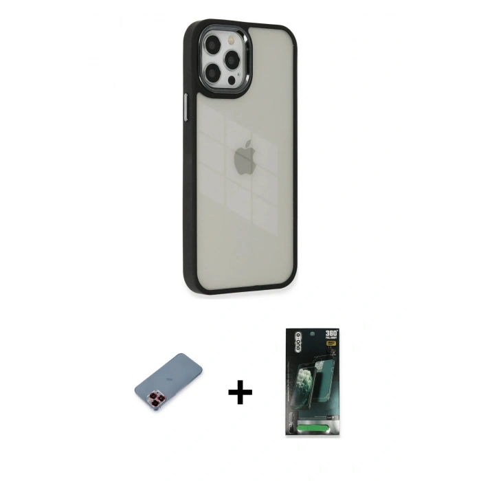 MARSİLYAN™- iPhone 12 Pro Max Kılıf Eksen Doku Prime - Şeffaf 360 Full Body Arka Koruyucu + Metal Kamera Lens Koruma Cam - KI