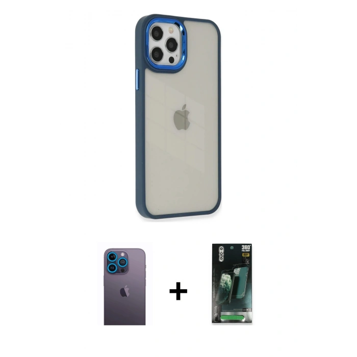 MARSİLYAN™- iPhone 12 Pro Max Kılıf Eksen Doku Prime - Şeffaf 360 Full Body Arka Koruyucu + Neon Fosforlu Kamera Lens - MI