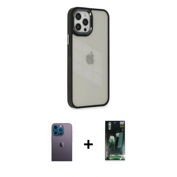 MARSİLYAN™- iPhone 12 Pro Max Kılıf Eksen Doku Prime - Şeffaf 360 Full Body Arka Koruyucu + Neon Fosforlu Kamera Lens - MI