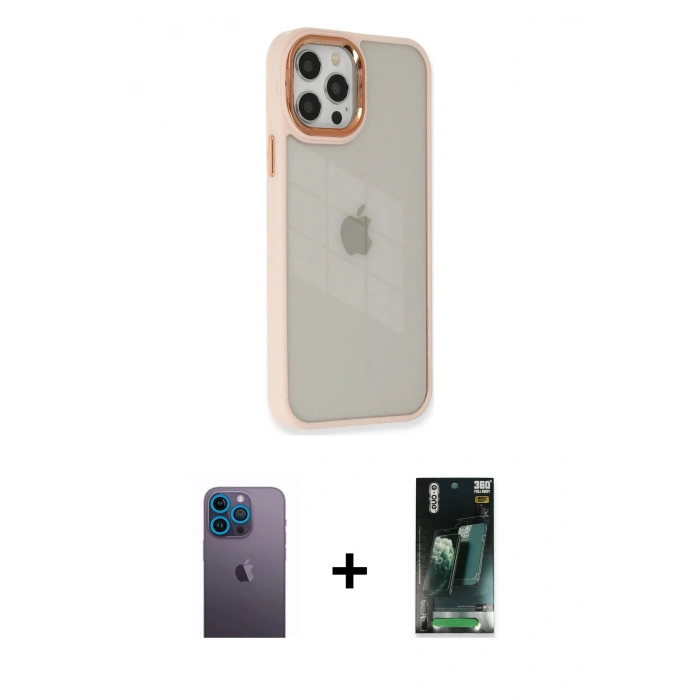 MARSİLYAN™- iPhone 12 Pro Max Kılıf Eksen Doku Prime - Şeffaf 360 Full Body Arka Koruyucu + Neon Fosforlu Kamera Lens - MI