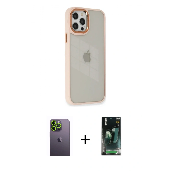 MARSİLYAN™- iPhone 12 Pro Max Kılıf Eksen Doku Prime - Şeffaf 360 Full Body Arka Koruyucu + Neon Fosforlu Kamera Lens - YL