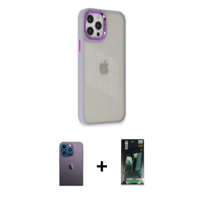 MARSİLYAN™- iPhone 12 Pro Max Kılıf Eksen Doku Prime - Şeffaf 360 Full Body Arka Koruyucu + Neon Fosforlu Kamera Lens - MI