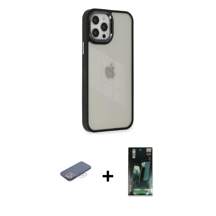 MARSİLYAN™- iPhone 12 Pro Max Kılıf Eksen Doku Prime - Şeffaf 360 Full Body Arka Koruyucu + Renkli Kamera Lens Koruma Cam - MI