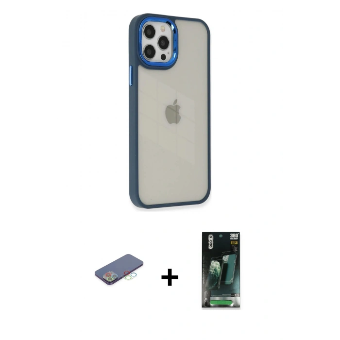 MARSİLYAN™- iPhone 12 Pro Max Kılıf Eksen Doku Prime - Şeffaf 360 Full Body Arka Koruyucu + Renkli Kamera Lens Koruma Cam - MI