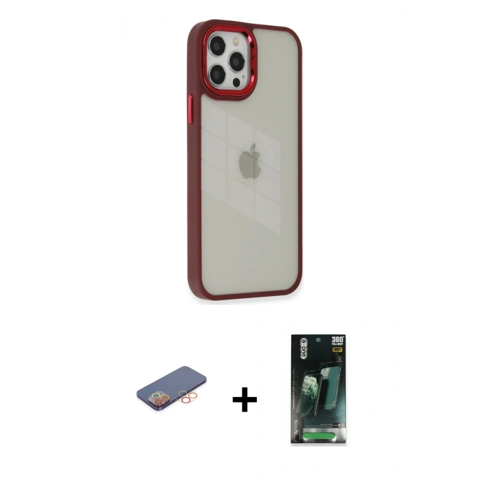 MARSİLYAN™- iPhone 12 Pro Max Kılıf Eksen Doku Prime - Şeffaf 360 Full Body Arka Koruyucu + Renkli Kamera Lens Koruma Cam - TU
