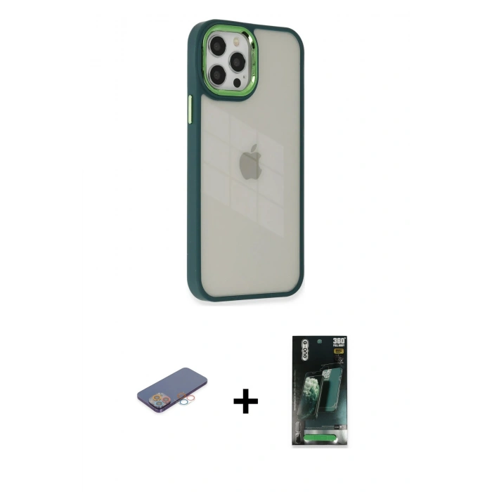 MARSİLYAN™- iPhone 12 Pro Max Kılıf Eksen Doku Prime - Şeffaf 360 Full Body Arka Koruyucu + Renkli Kamera Lens Koruma Cam - PE