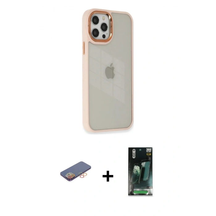 MARSİLYAN™- iPhone 12 Pro Max Kılıf Eksen Doku Prime - Şeffaf 360 Full Body Arka Koruyucu + Renkli Kamera Lens Koruma Cam - TU