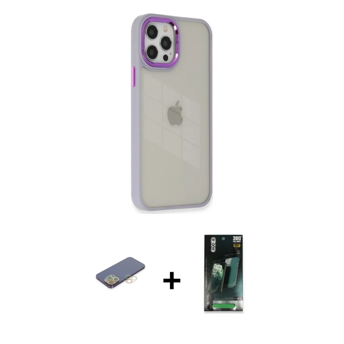 MARSİLYAN™- iPhone 12 Pro Max Kılıf Eksen Doku Prime - Şeffaf 360 Full Body Arka Koruyucu + Renkli Kamera Lens Koruma Cam - SI