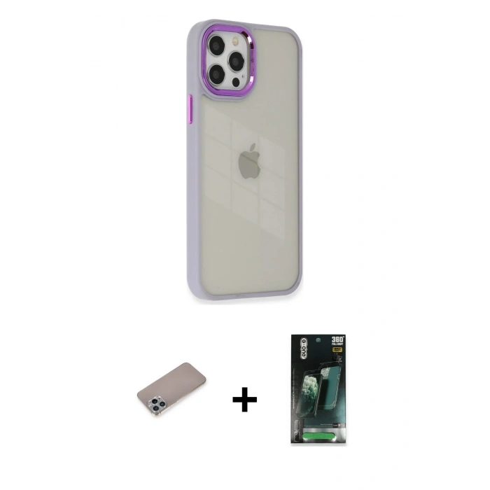 MARSİLYAN™- iPhone 12 Pro Max Kılıf Eksen Doku Prime - Şeffaf 360 Full Body Arka Koruyucu + Shine Kamera Lens Koruma Cam - SABE