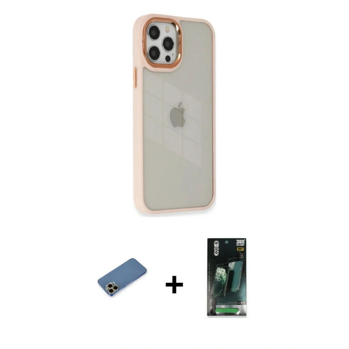 MARSİLYAN™- iPhone 12 Pro Max Kılıf Eksen Doku Prime - Şeffaf 360 Full Body Arka Koruyucu + Shine Kamera Lens Koruma Cam - GD