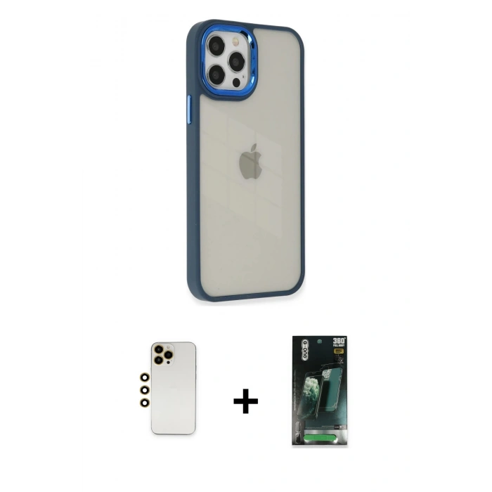MARSİLYAN™- iPhone 12 Pro Max Kılıf Eksen Doku Prime - Şeffaf 360 Full Body Arka Koruyucu + Shine Kamera Lens - GD