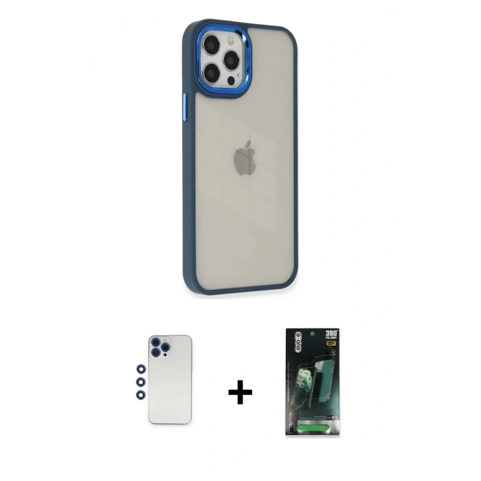 MARSİLYAN™- iPhone 12 Pro Max Kılıf Eksen Doku Prime - Şeffaf 360 Full Body Arka Koruyucu + Shine Kamera Lens - LT