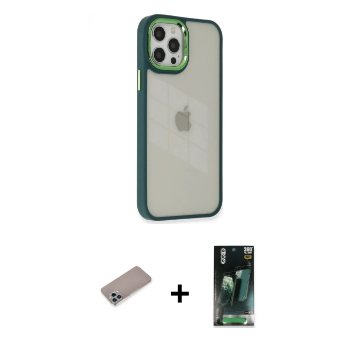 MARSİLYAN™- iPhone 12 Pro Max Kılıf Eksen Doku Prime - Şeffaf 360 Full Body Arka Koruyucu + Shine Kamera Lens Koruma Cam - SABE
