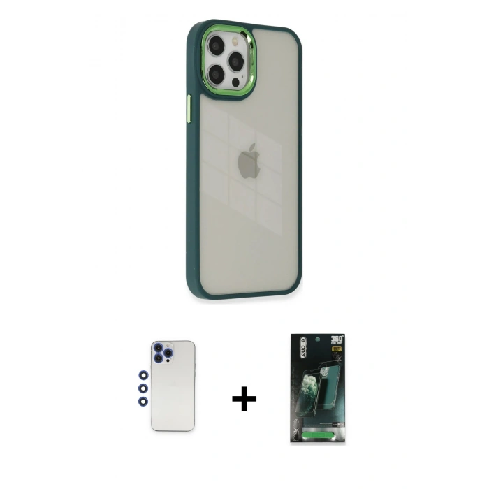 MARSİLYAN™- iPhone 12 Pro Max Kılıf Eksen Doku Prime - Şeffaf 360 Full Body Arka Koruyucu + Shine Kamera Lens - LT