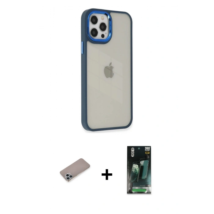 MARSİLYAN™- iPhone 12 Pro Max Kılıf Eksen Doku Prime - Şeffaf 360 Full Body Arka Koruyucu + Shine Kamera Lens Koruma Cam - SABE