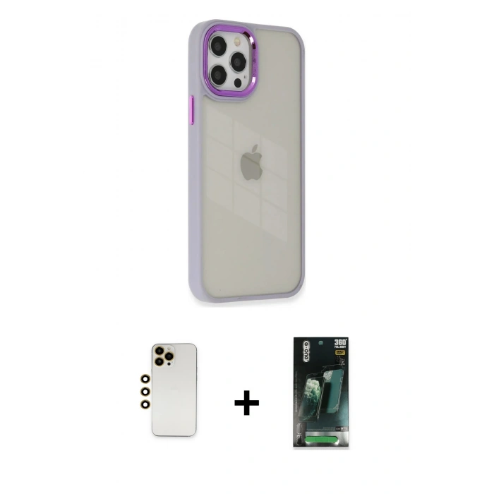 MARSİLYAN™- iPhone 12 Pro Max Kılıf Eksen Doku Prime - Şeffaf 360 Full Body Arka Koruyucu + Shine Kamera Lens - GD