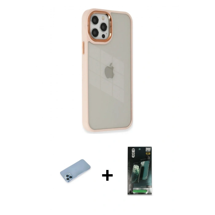 MARSİLYAN™- iPhone 12 Pro Max Kılıf Eksen Doku Prime - Şeffaf 360 Full Body Arka Koruyucu + Shine Kamera Lens Koruma Cam - MI