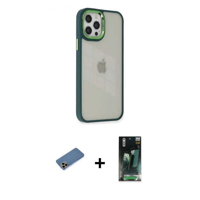 MARSİLYAN™- iPhone 12 Pro Max Kılıf Eksen Doku Prime - Şeffaf 360 Full Body Arka Koruyucu + Shine Kamera Lens Koruma Cam - GD
