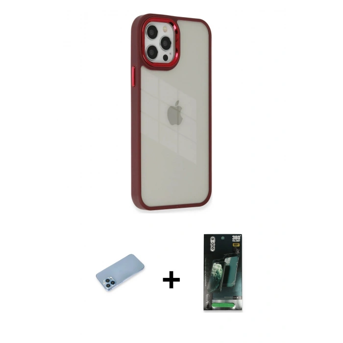 MARSİLYAN™- iPhone 12 Pro Max Kılıf Eksen Doku Prime - Şeffaf 360 Full Body Arka Koruyucu + Shine Kamera Lens Koruma Cam - MI