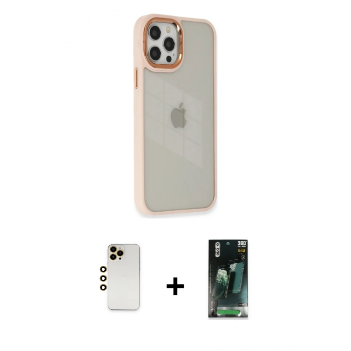 MARSİLYAN™- iPhone 12 Pro Max Kılıf Eksen Doku Prime - Şeffaf 360 Full Body Arka Koruyucu + Shine Kamera Lens - GD