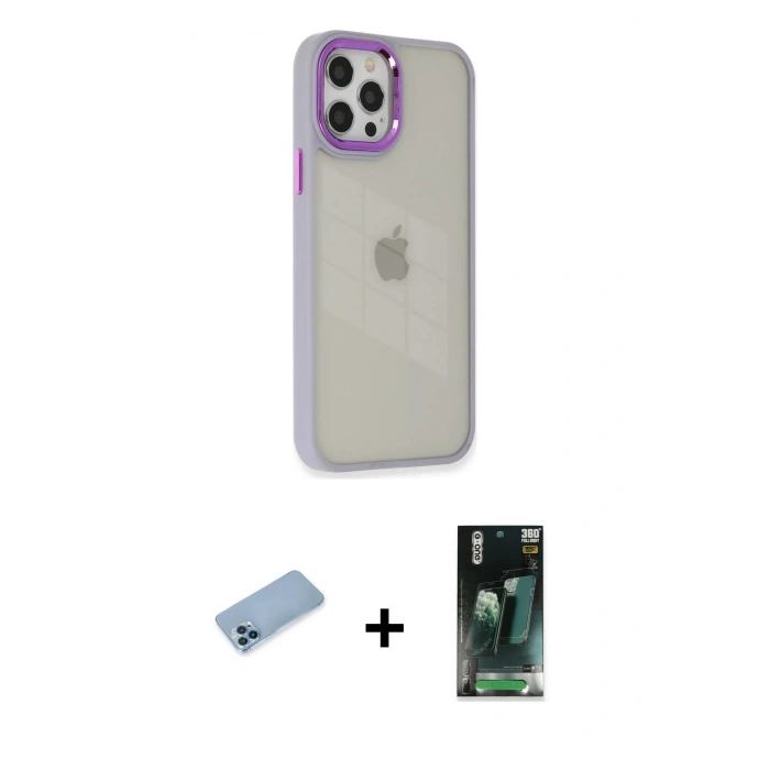MARSİLYAN™- iPhone 12 Pro Max Kılıf Eksen Doku Prime - Şeffaf 360 Full Body Arka Koruyucu + Shine Kamera Lens Koruma Cam - MI