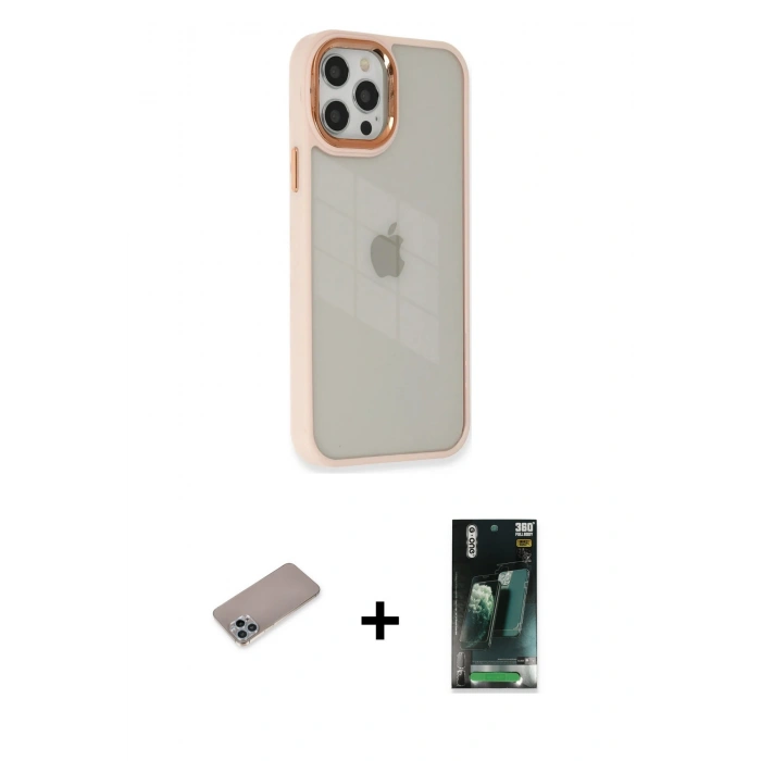 MARSİLYAN™- iPhone 12 Pro Max Kılıf Eksen Doku Prime - Şeffaf 360 Full Body Arka Koruyucu + Shine Kamera Lens Koruma Cam - SABE