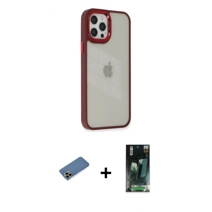 MARSİLYAN™- iPhone 12 Pro Max Kılıf Eksen Doku Prime - Şeffaf 360 Full Body Arka Koruyucu + Shine Kamera Lens Koruma Cam - GD