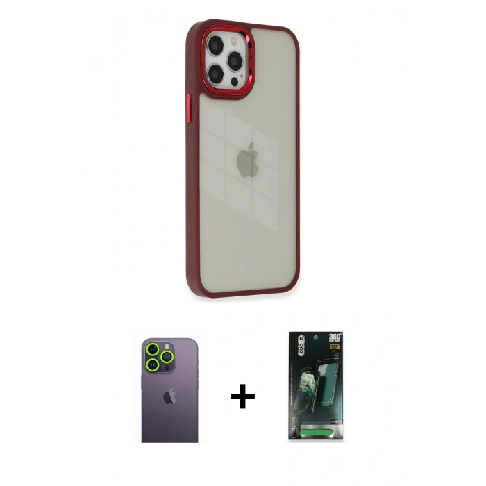 MARSİLYAN™- iPhone 12 Pro Max Kılıf Eksen Doku Prime - Şeffaf 360 Full Body Arka Koruyucu + Neon Fosforlu Kamera Lens - YL