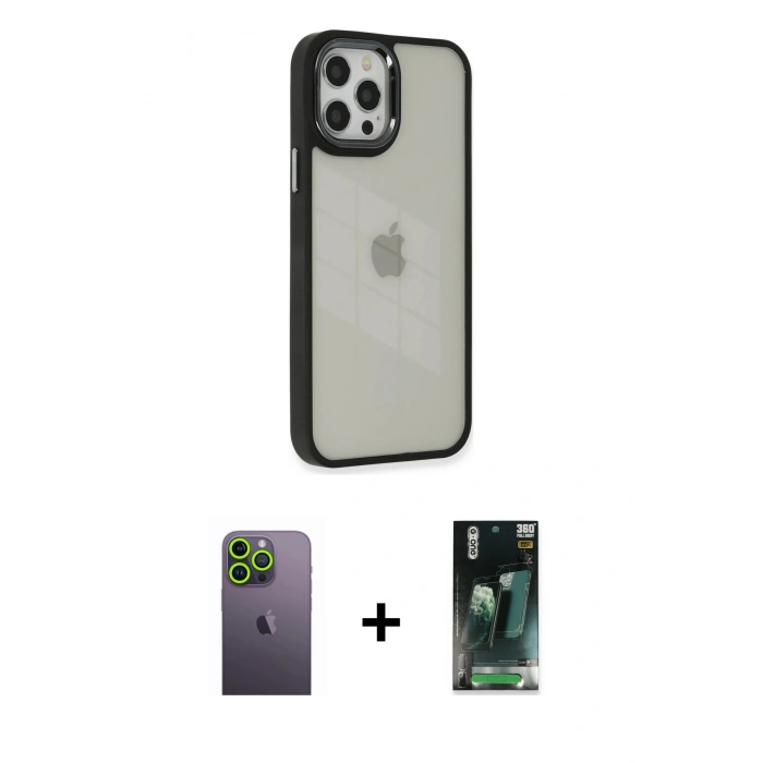 MARSİLYAN™- iPhone 12 Pro Max Kılıf Eksen Doku Prime - Şeffaf 360 Full Body Arka Koruyucu + Neon Fosforlu Kamera Lens - YL