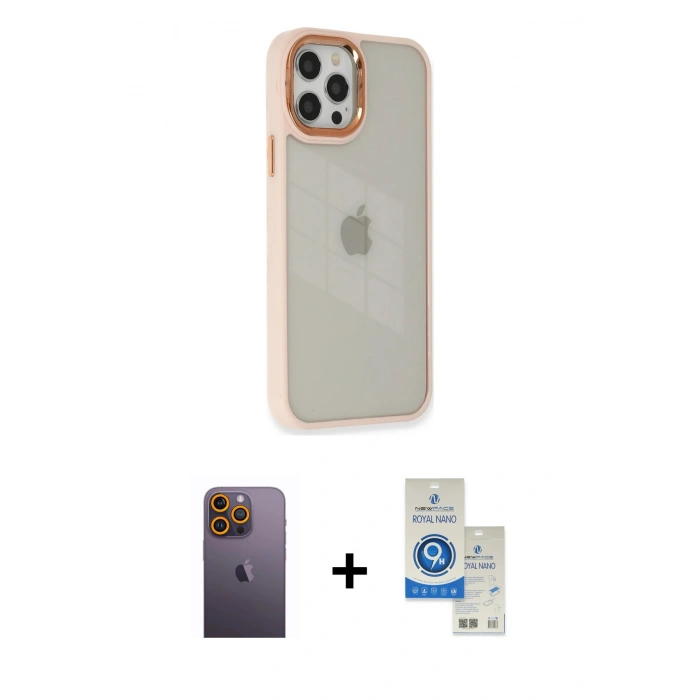 MARSİLYAN™- iPhone 12 Pro Max Kılıf Eksen Doku Prime - Şeffaf Royal Nano Ekran Koruyucu + Neon Fosforlu Kamera Lens - SI