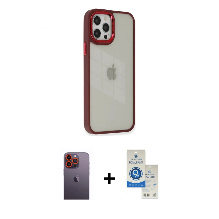 MARSİLYAN™- iPhone 12 Pro Max Kılıf Eksen Doku Prime - Şeffaf Royal Nano Ekran Koruyucu + Neon Fosforlu Kamera Lens - TU