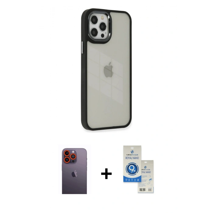 MARSİLYAN™- iPhone 12 Pro Max Kılıf Eksen Doku Prime - Şeffaf Royal Nano Ekran Koruyucu + Neon Fosforlu Kamera Lens - TU