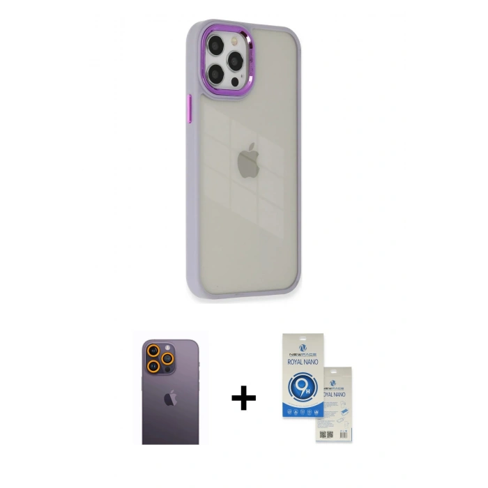 MARSİLYAN™- iPhone 12 Pro Max Kılıf Eksen Doku Prime - Şeffaf Royal Nano Ekran Koruyucu + Neon Fosforlu Kamera Lens - SI