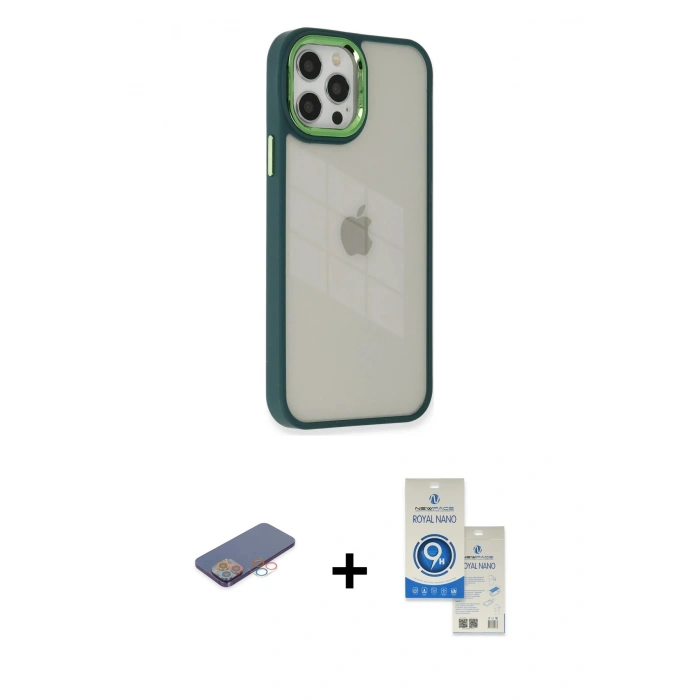 MARSİLYAN™- iPhone 12 Pro Max Kılıf Eksen Doku Prime - Şeffaf Royal Nano Ekran Koruyucu + Renkli Kamera Lens Koruma Cam - PE