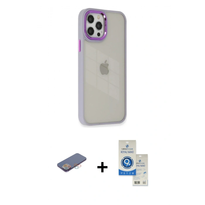 MARSİLYAN™- iPhone 12 Pro Max Kılıf Eksen Doku Prime - Şeffaf Royal Nano Ekran Koruyucu + Renkli Kamera Lens Koruma Cam - PE