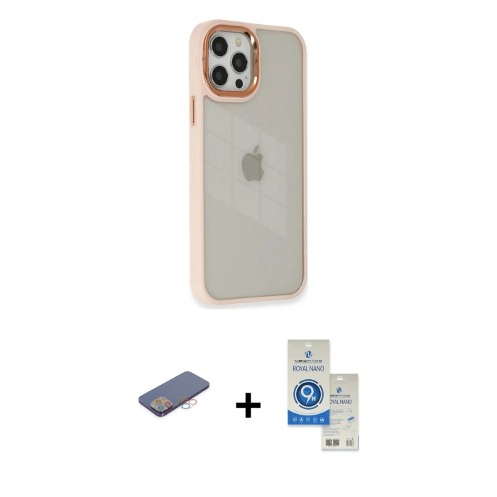 MARSİLYAN™- iPhone 12 Pro Max Kılıf Eksen Doku Prime - Şeffaf Royal Nano Ekran Koruyucu + Renkli Kamera Lens Koruma Cam - PE