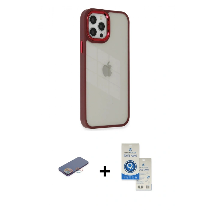 MARSİLYAN™- iPhone 12 Pro Max Kılıf Eksen Doku Prime - Şeffaf Royal Nano Ekran Koruyucu + Renkli Kamera Lens Koruma Cam - PE