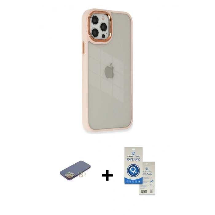 MARSİLYAN™- iPhone 12 Pro Max Kılıf Eksen Doku Prime - Şeffaf Royal Nano Ekran Koruyucu + Renkli Kamera Lens Koruma Cam - SI