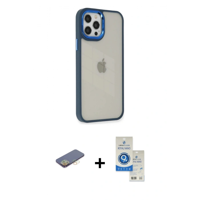 MARSİLYAN™- iPhone 12 Pro Max Kılıf Eksen Doku Prime - Şeffaf Royal Nano Ekran Koruyucu + Renkli Kamera Lens Koruma Cam - SI