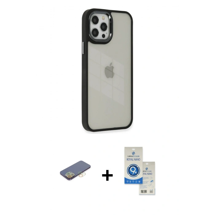 MARSİLYAN™- iPhone 12 Pro Max Kılıf Eksen Doku Prime - Şeffaf Royal Nano Ekran Koruyucu + Renkli Kamera Lens Koruma Cam - SI
