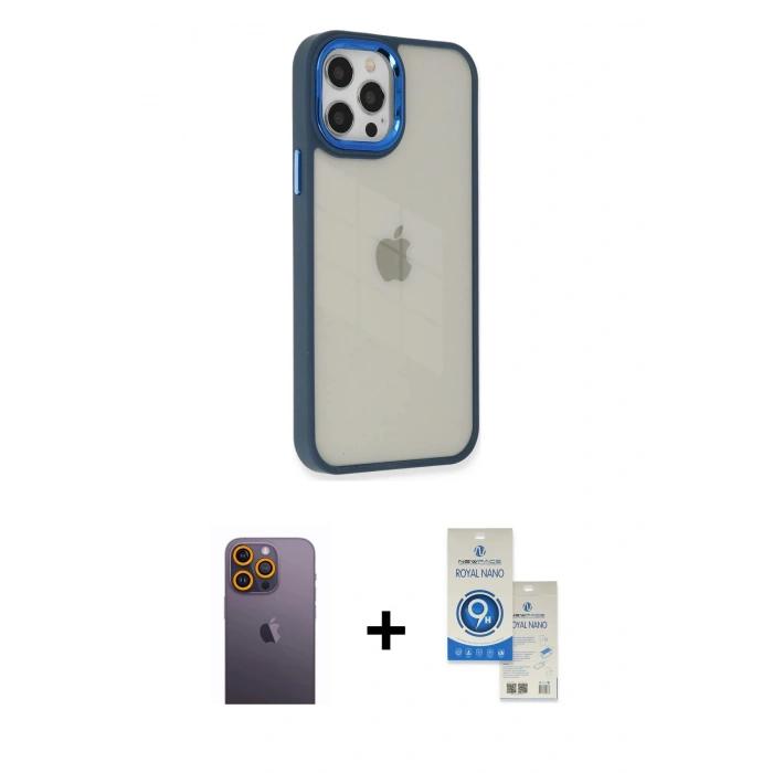 MARSİLYAN™- iPhone 12 Pro Max Kılıf Eksen Doku Prime - Şeffaf Royal Nano Ekran Koruyucu + Neon Fosforlu Kamera Lens - SI