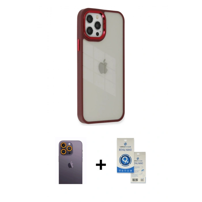 MARSİLYAN™- iPhone 12 Pro Max Kılıf Eksen Doku Prime - Şeffaf Royal Nano Ekran Koruyucu + Neon Fosforlu Kamera Lens - SI