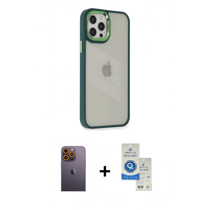 MARSİLYAN™- iPhone 12 Pro Max Kılıf Eksen Doku Prime - Şeffaf Royal Nano Ekran Koruyucu + Neon Fosforlu Kamera Lens - SI
