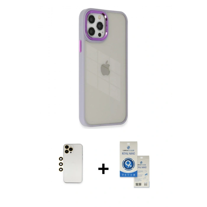 MARSİLYAN™- iPhone 12 Pro Max Kılıf Eksen Doku Prime - Şeffaf Royal Nano Ekran Koruyucu + Shine Kamera Lens - GD