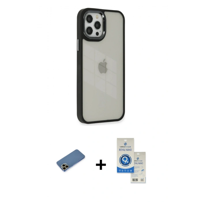 MARSİLYAN™- iPhone 12 Pro Max Kılıf Eksen Doku Prime - Şeffaf Royal Nano Ekran Koruyucu + Shine Kamera Lens Koruma Cam - GD