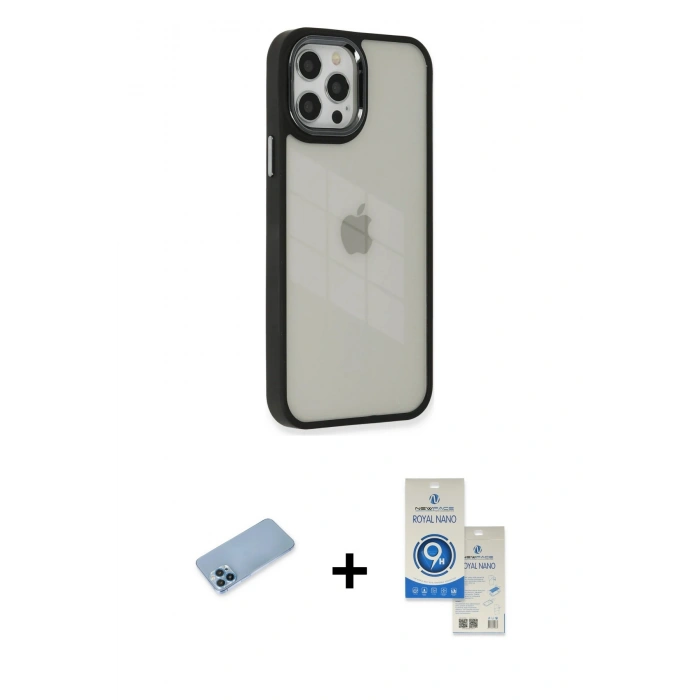 MARSİLYAN™- iPhone 12 Pro Max Kılıf Eksen Doku Prime - Şeffaf Royal Nano Ekran Koruyucu + Shine Kamera Lens Koruma Cam - MI